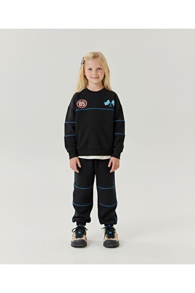 Magu Unisex Çocuk Pamuklu Siyah Mavi Şeritli Yarış Temalı Eşofman Takımı - Rahat Kalıp