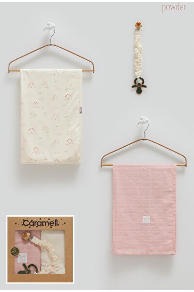 Caramell %100 Pamuk Kız Bebek 3’lü Set 80-90cm 1 Müslin Battaniye + 1 Penye Battaniye + Emzik Askısı