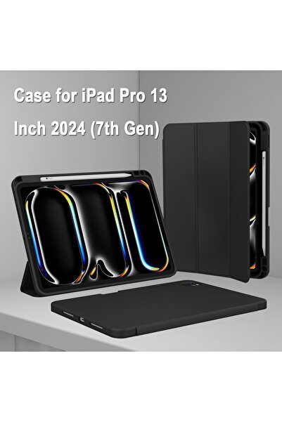 Generic iPad Pro 13-inch M4 (2024) Case with Pencil Holder, Tri-fold Smart Cover, TPU Back (Black)