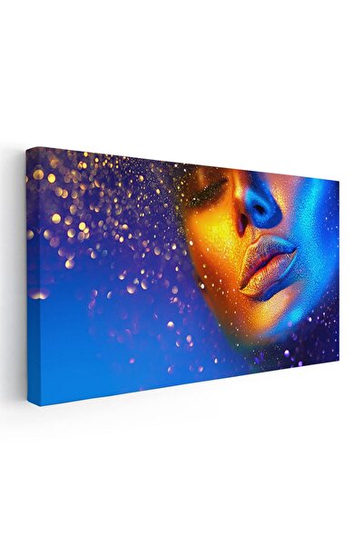 Tablou Canvas Tablou femeie buze aurii fond albastru, cod 1848