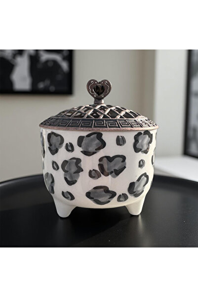 İlbay Çini Takı Gri Leopar Desenli Metal Kapaklı Ayşen Seramik Şekerlik