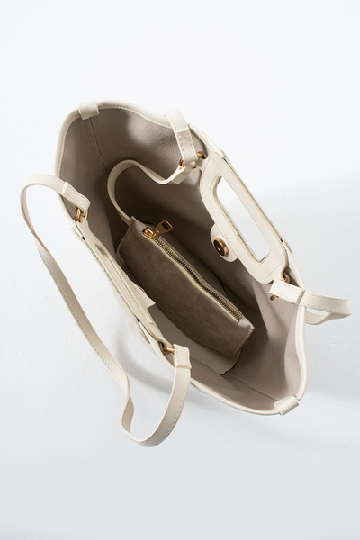 HERCAİ Suede Cream Stitching Detailed Dual-Use Bucket Hand and Shoulder Bag