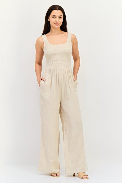 Brave Soul Women Textured Sleeveless Jumpsuit, Beige