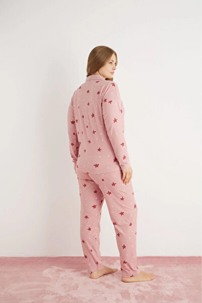 Pijamoni Kadın Büyük Beden Süet Kumaş Önü Düğmeli Şık Pijama Takımı - Gül Kurusu