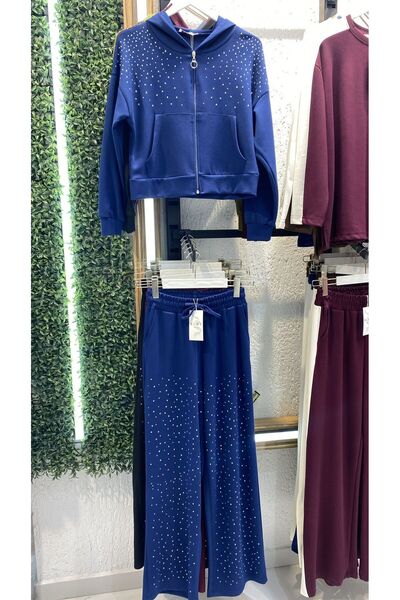 MODAGK Taş İşlemeli Kapüşonlu Fermuarlı Boru Paça Kadın Eşofman Takımı