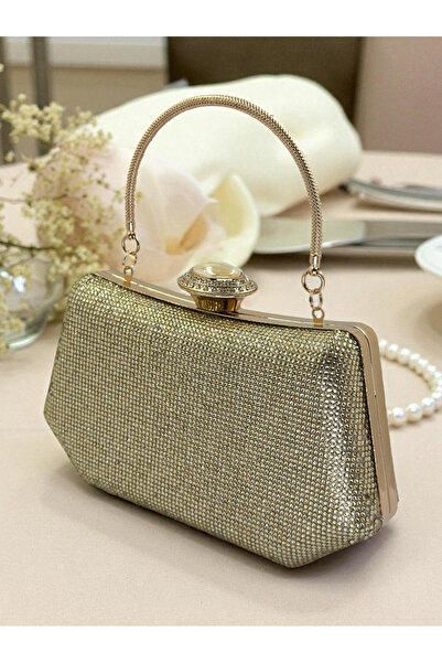 Biçanta Γυναικεία βραδινή τσάντα με χρυσό χρώμα και λεπτομέρεια από πέτρα και πέρλες, με λαβή, για γάμο, αρραβώνα, αποφοίτηση