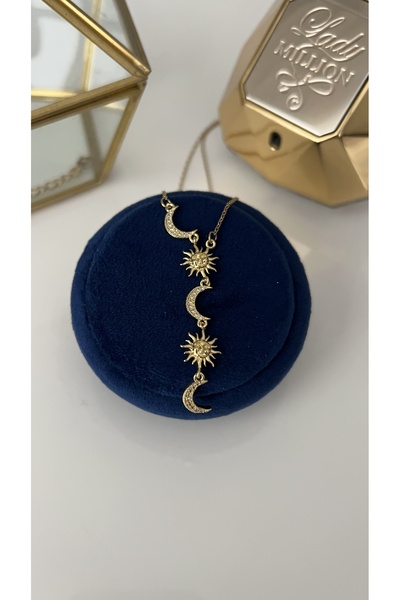 SU PERİSİ TAKI BİJUTERİ Çelik Gold Zirkon Taşlı Güneş ve Ay Detaylı Kolye
