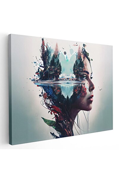 Tablou Canvas Tablou portret femeie si peisaj natura, lac, verde, cod 1676