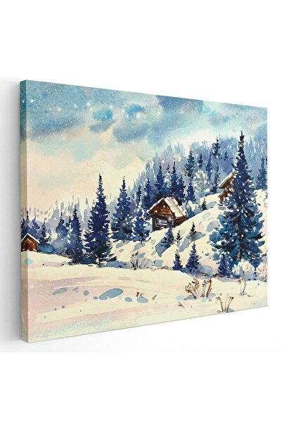 Tablou Canvas Tablou peisaj munte cabane iarna acuarela, cod 5352