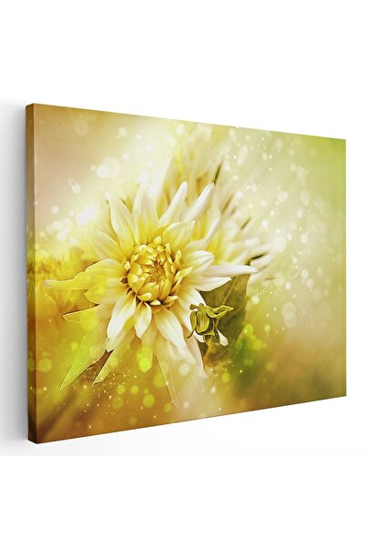 Tablou Canvas floare dalie fantezie in nuante de alb, galben, verde, cod 1109