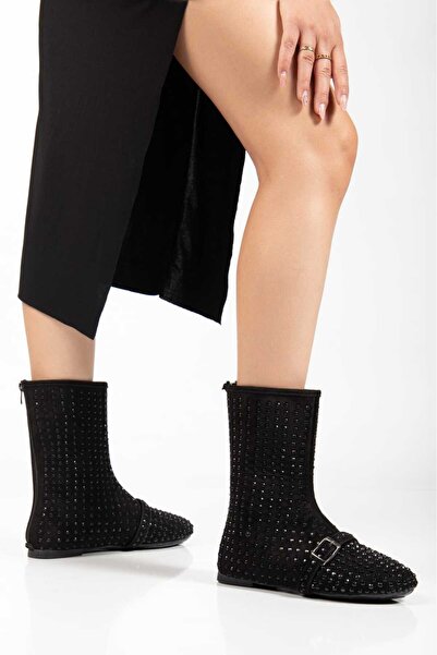 SEDRİK yeni sezon düz taban siyah taşlı önden toka detaylı yandan fermuarlı y...