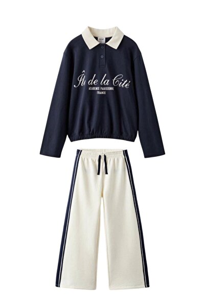 Magu Kız Çocuk Pamuklu Lacivert-Beyaz Paris Baskılı Polo Yaka Eşofman Takımı - Şerit Detaylı