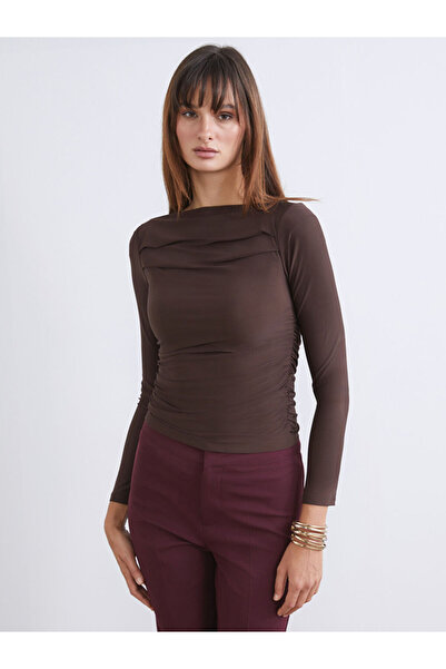 LC Waikiki Коричнева блузка з корабельним коміром і збірками