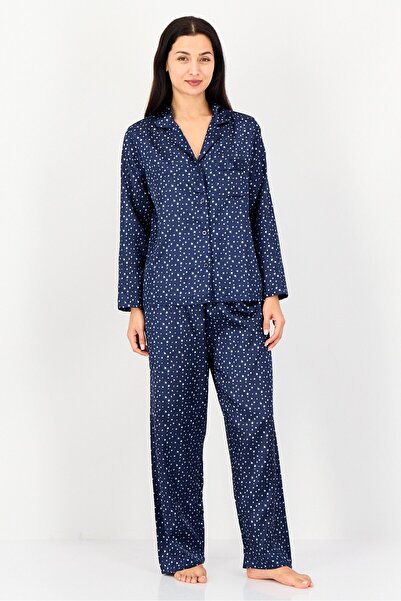 Bebe Women 2 Pieces AllOver Print Top And Bottom Pajama Set, Navy