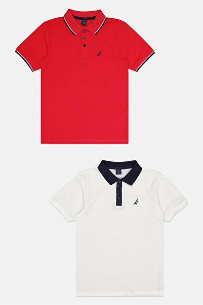 Nautica قميص بولو بأكمام قصيرة مطرز بشعار للأطفال الأولاد، قطعتين، متعدد الألوان