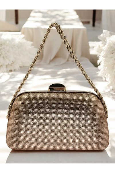 Biçanta Gold Gold Color Stone Pearl Detailed Chain Handle Women's Evening Dress Bag Wedding Engagement Graduation