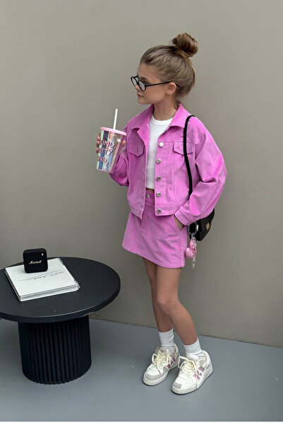 Magu Kız Çocuk Pamuklu Fuşya Ceketli Etek Takım - Düğme Detaylı Crop Ceket