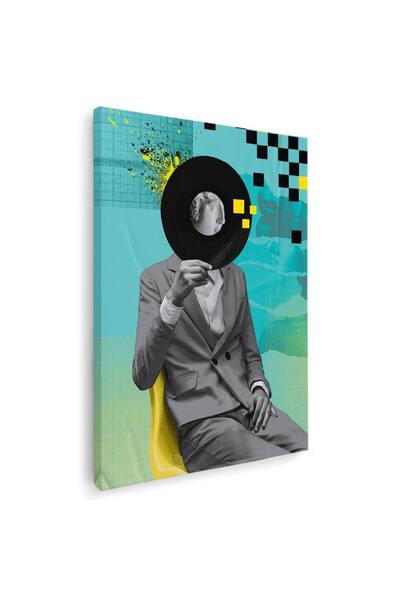 Tablou Canvas pop art barbat disc statuie costum in nuante albastru, negru, g...