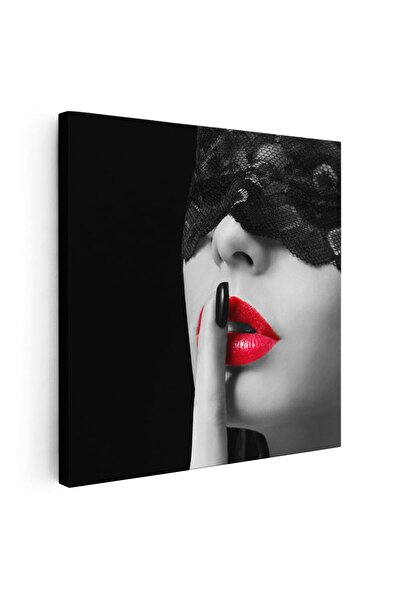 Tablou Canvas Tablou portret femeie cu voal dantela si buze rosii, alb, negru, cod 1256