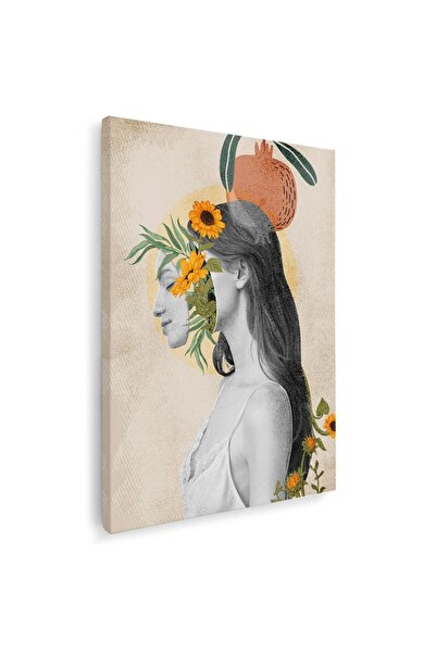 Tablou Canvas pop art femeie colaj in nuante gri, portocaliu, verde, cod 1050