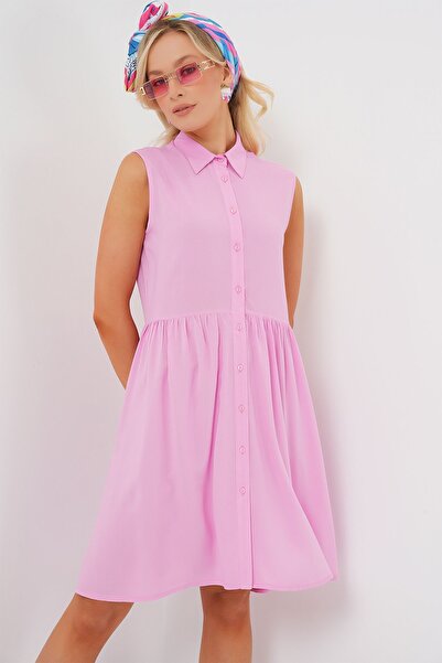 Hiccup Bdart Shirt Collar Sleeveless Button Midi Dress