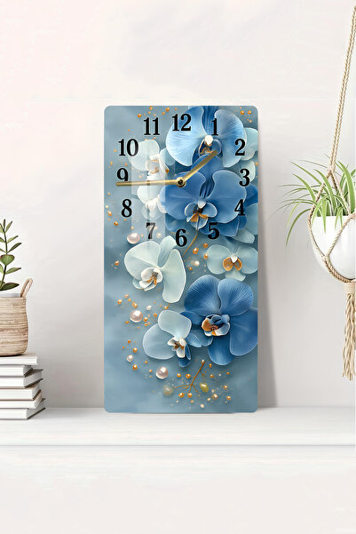kutuTR Mavi Orkide Çiçek Desenli Temperli Cam Tablo Saat – 30×60 cm– UV BASKI...