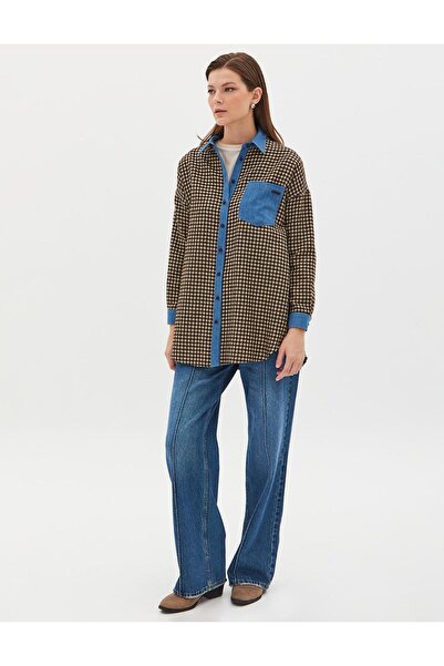 Kayra Kadın Kareli Denim Garnili Tunik Koyu Kahve -Krem