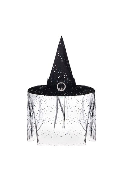 OEM Witch Hat, Tulle Veil, Silver Dots, Black, Diameter 43 cm, Height 36 cm