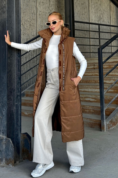 bacc Γυναικείο μακρύ καπιτονέ φουσκωτό γιλέκο καφέ κανέλας BCVL-25NY08