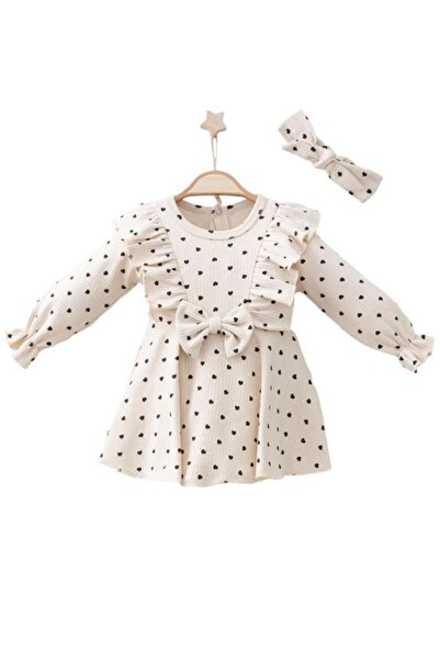 Dumledo Heart Printed Bow Ruffle Dress and Headband 2-Piece Baby Girl Set