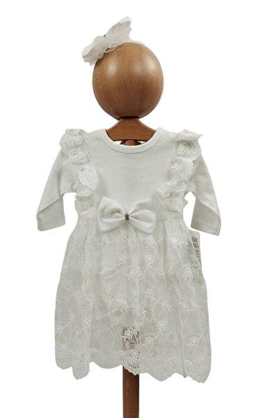 Dumledo White Lace Bow Detailed Dress, Headband Baby Girl Mevlüt Dress 2-Piec...