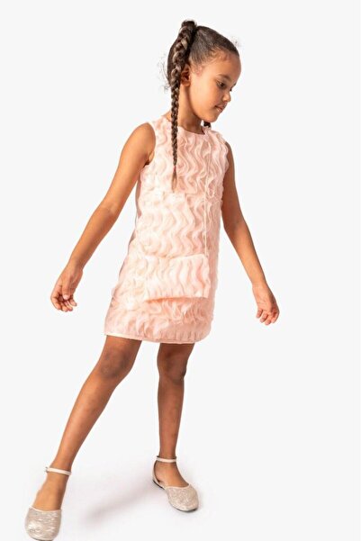Dumledo Embossed Tulle Detailed Salmon Dress and Bag 2-Piece Girls' Set
