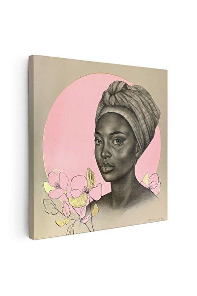 Tablou Canvas Tablou portret carbune femeie africana cu turban si flori, roz,...
