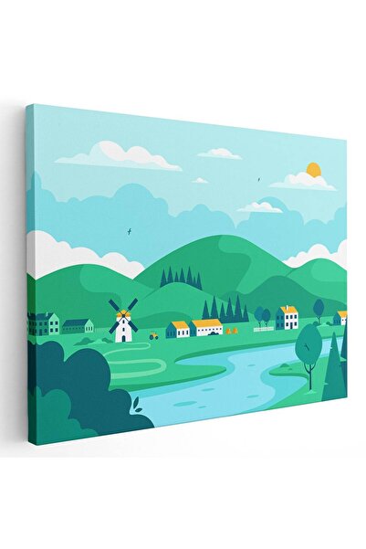 Tablou Canvas Tablou peisaj campie cu case si moara de vant, cod 5464