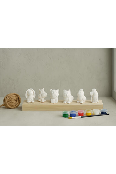 HBNC 6'lı Hayvan Biblo Seti + Boya + Ahşap Raf Ve Jüt İp | Kendi Tasarımını Y...