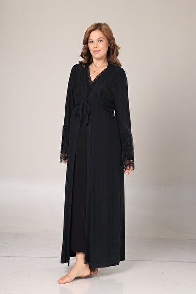 Lohussa Kadın Siyah Jakarlı Dantel Detaylı Tam Boy Kışlık Uzun Kol Tasarım Lohusa Hamile Sabahlık GecelikSet