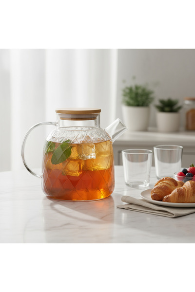 Elta Collection Bambu Kapaklı Cam Sürahi / Çok Amaçlı Cam Demlik 1.5 Litre