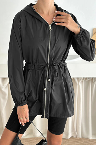 EFFEN Hooded Zippered Lace-Up Long Raincoat