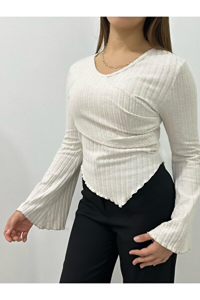 LONELY WOLF Μπλούζα με λαιμόκοψη σε σχήμα V με πτυχωτό στρίφωμα στο πλάι