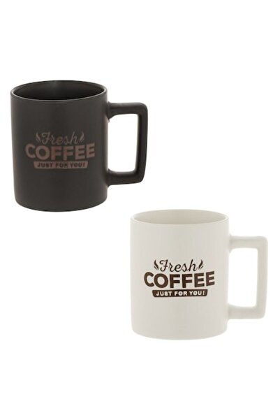OEM Set de 2 căni ceramice mate albe și negre „Fresh Coffee” 310ml - 2 buc
