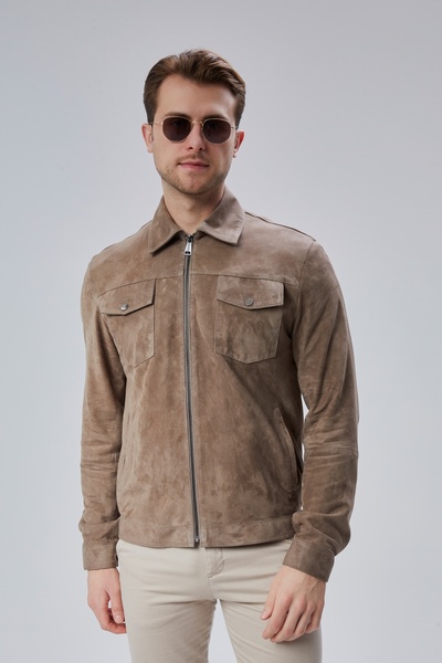 KENDE Fermuarlı Kapaklı Cepli Hakiki Deri Sütlü Kahve Erkek Süet Mont