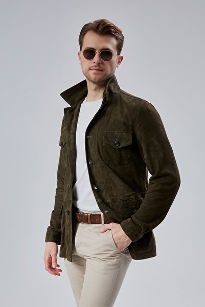 KENDE Men's Safari Buttoned Genuine Leather Khaki Green Suede Jacket