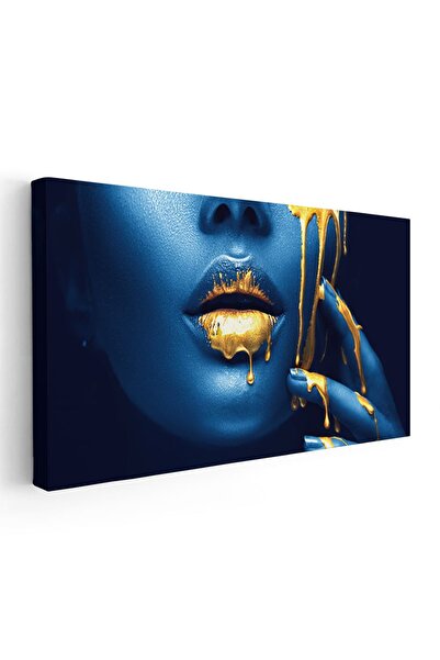 Tablou Canvas Tablou femeie cu buze auriu albastru, cod 1866