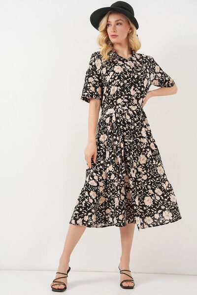Hiccup Bdart A-Line and Shirt Collar Printed Midi Dress