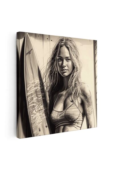 Tablou Canvas femeie cu placa surf, sepia, cod 1367