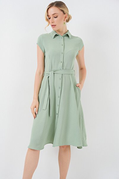 Hiccup Bdart Belt Detailed Buttoned Shirt Collar A-Line Midi Dress