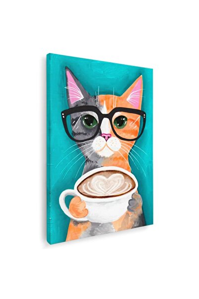 Tablou Canvas Tablou pictura acuarela pisica cu ceasca cafea, cod 5242