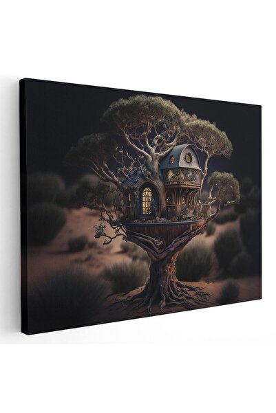 Tablou Canvas casuta in copac fantezie, maro, negru, cod 1115