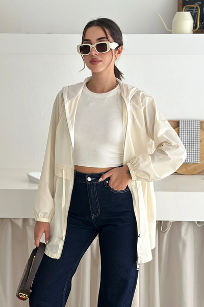 EFFEN Hooded Zippered Lace-Up Long Raincoat