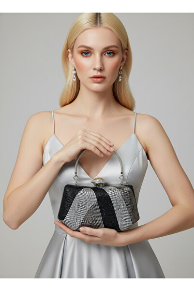 Biçanta Negru Argintiu Culoare platină Pietre prețioase Detaliu perlat Mâner ...